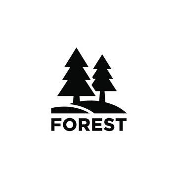 black silhouette of coniferous trees and hill with forest text on white background high quality professional detailed modern elegant stylish