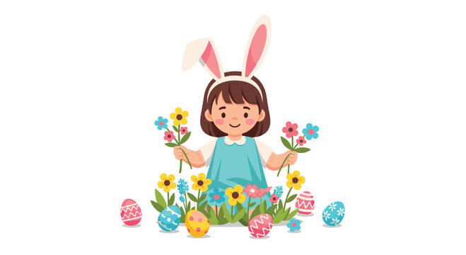 A young girl wearing bunny ears headband sits in a lush green grass field picking vibrant spring flowers surrounded by decorative patterned Easter holiday eggs.