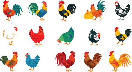Colorful Rooster and Hen Chicken Vector Icon Set Featuring Various Farm Bird Breeds for Agricultural Branding, Organic Poultry Farming, Rural Market Graphics, and Countryside Designs © Roymohan
