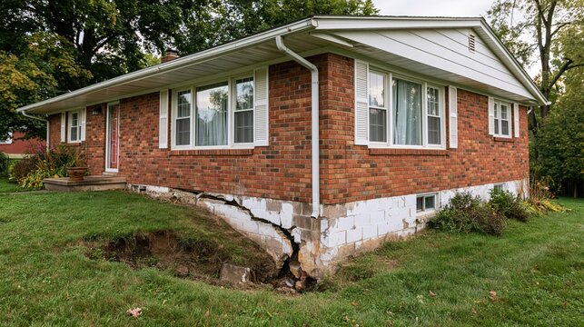 A large, dangerous structural crack in a brick house foundation and block wall, showing significant soil movement and structural failure of a residential building.