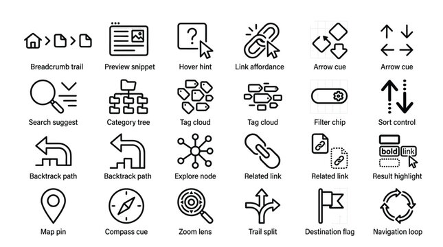 Modern minimalist icons for digital content presentation and user interaction.