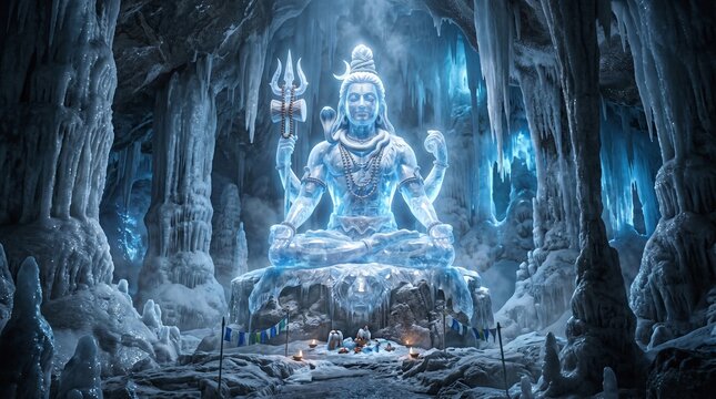 Shiva statue in a mystical cave.
