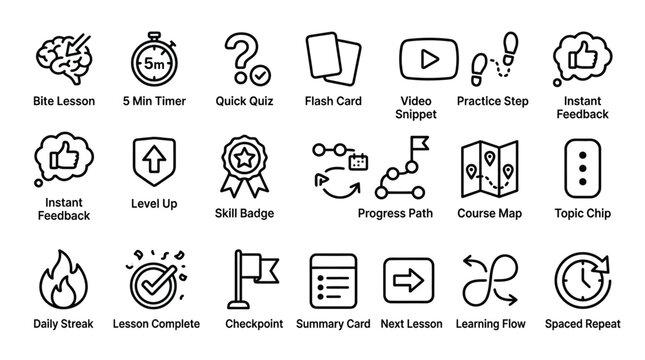 Learning and gamification line icons for online education and skill development platform design.