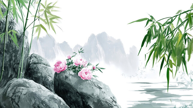 Chinese ink painting green bamboo pink flowers on rocks white background colorful ink style traditional animation flat illustration green leaves pink peonies fake water scenery Chinese calligraphy bru