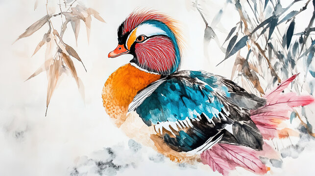 Lovely Chinese watercolor pair birds red black heads fluffy feather top beaks colorful body blue chest yellow wings pink tail feathers white snow background scattered bamboo leaves simple style ink te