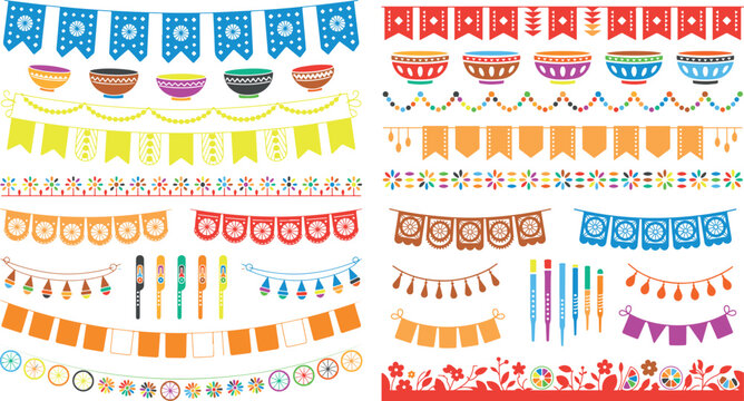 colorful mexican fiesta banners and flags with bowls on white background