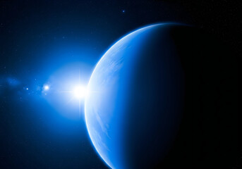 Obraz premium Blue planet in space with bright sun shining on it