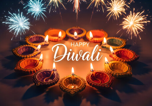 Happy diwali festival celebration with traditional diyas and fireworks display