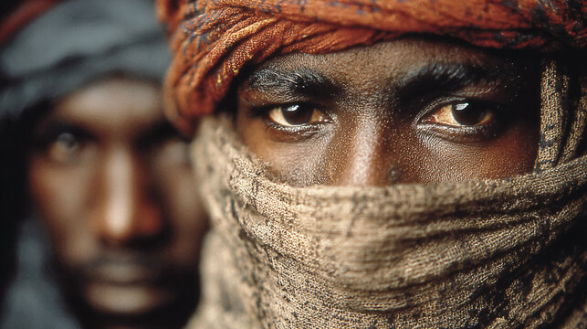 Two men with headscarves look directly at the camera with serious expressions and traditional attire