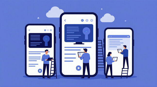 Team develops mobile apps using tablets and phones. People code interface elements on large screens and ladders help reach high positions. Digital design process shown.