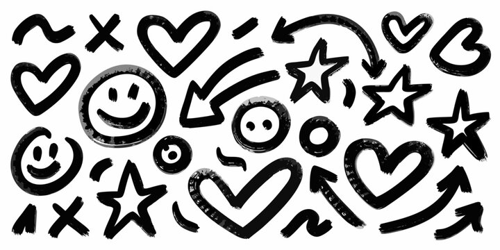 hand drawn doodle set with hearts stars arrows and smiley faces in black ink