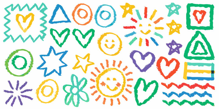 Colorful hand drawn shapes and icons collection including hearts stars and geometric forms high quality
