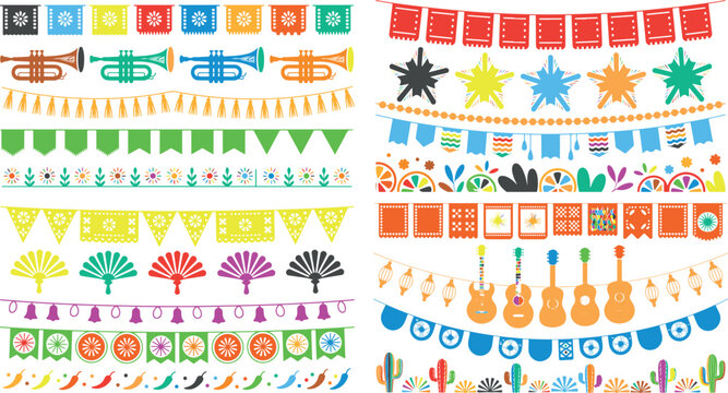 Colorful Mexican fiesta decorations and musical instruments for celebration  vibrant banners and flags