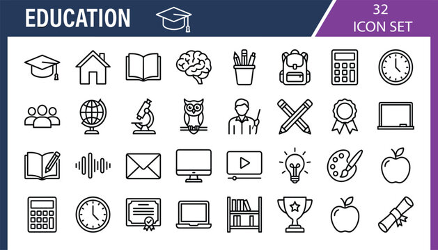 Education Editable Line Icons Set for Learning, School, Books, Study, Classroom, Academic Achievement, and Teaching.