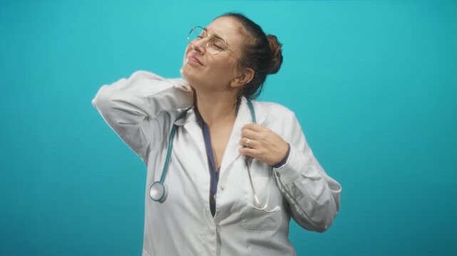 Woman doctor wearing labcoat and glasses, holding stethoscope and rubbing neck in studio; fatigue stress.