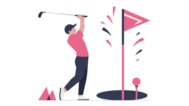 Man swinging golf club near flag on golf course with motion lines