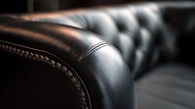 Close up of a dark brown tufted leather chesterfield sofa armrest.
