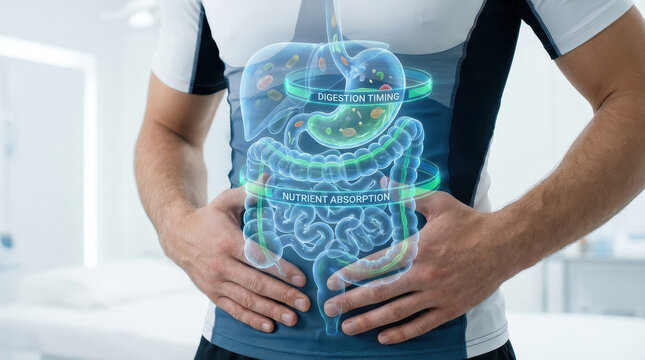 Digestive system stomach health nutrient absorption digestion timing human body anatomy medical concept healthcare wellness man torso internal organs intestines gastrointestinal transparent