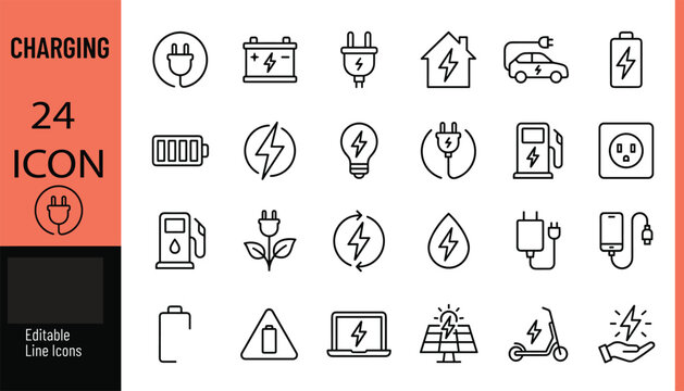 Charging Editable Line Icons Set for Electric Power, Battery, Charging Stations, Energy, and Electric Vehicles.