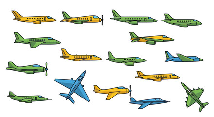 Collection of diverse airplanes and aircrafts, cartoon style, various colors and designs © Mangga