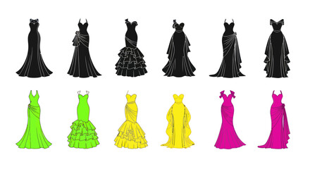 Collection of Elegant Evening Gowns - Black, Neon Green, Yellow, Pink Dresses © Mangga
