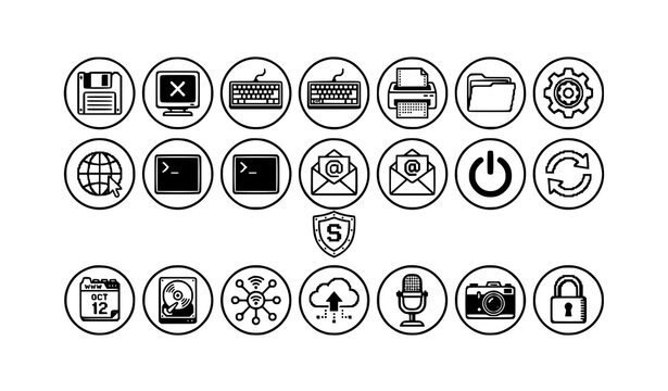 Retro monochrome system icon pack with classic computer interface vector symbols