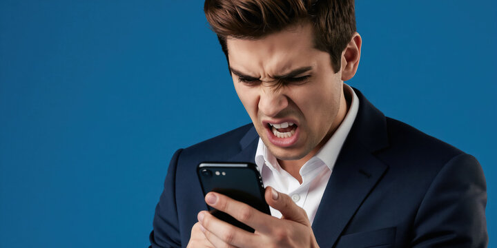 Young man in suit yells at cell phone. Businessman shows extreme anger, frustration, and rage from screen. Negative emotion, stress, and bad news via mobile device.