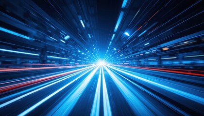 Obraz premium A dynamic, futuristic light tunnel with streaks of blue and red light converging towards a bright vanishing point, evoking speed and advanced technology.
