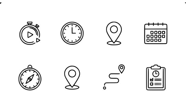 Linear Time and Location Icons Vector Pack with Calendar Clock Navigation and Editable Stroke Symbols