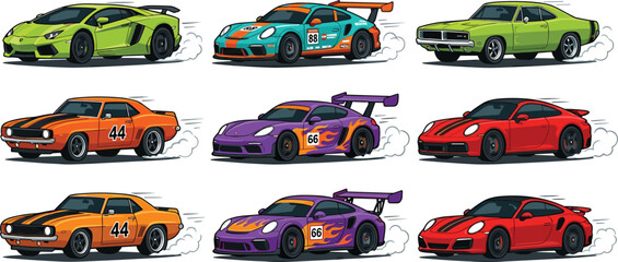 High-Speed Cartoon Sports Car Collection Featuring Muscle, Racing, and Luxury Vehicles for Digital Designs, Automotive Illustrations, and Graphics © Sanjida