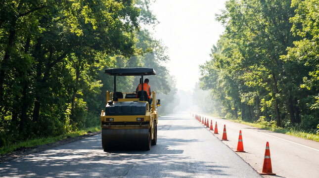 Road construction crew operates heavy machinery on a tree-lined highway with traffic cones
