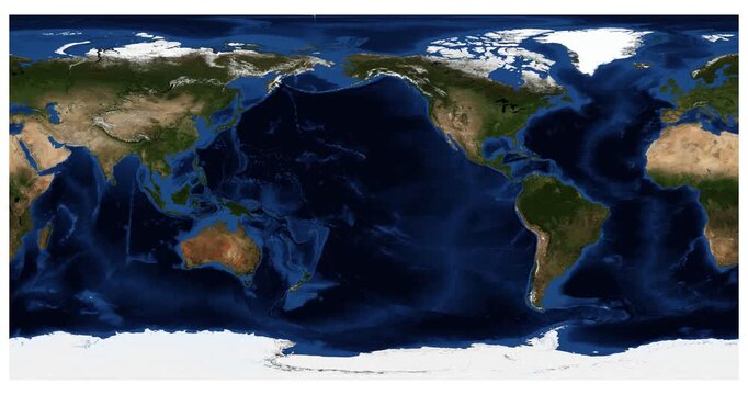 World Map in equirectangular projection. High detail physical map animation. Longitude shift rotation view. June View. Elements of this video furnished by NASA.