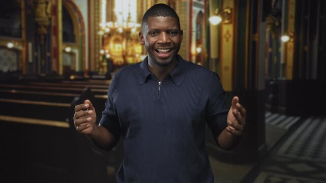 Man with open hands and closed eyes singing and smiling while gesturing in an ornate church building with pews, chandelier and altar visible; joy faith hope.