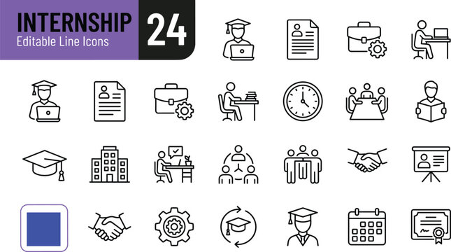 Internship Program Editable Line Icons Set for Digital Media, Websites, Career Development, Job Applications, and Professional Networking.