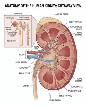 Anatomy of the Human Kidney Cutaway View with Nephron Detail