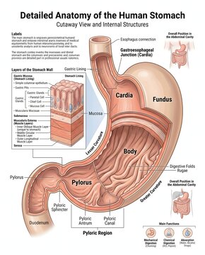 Detailed Human Stomach Anatomy Infographic with Internal Structures and Layers