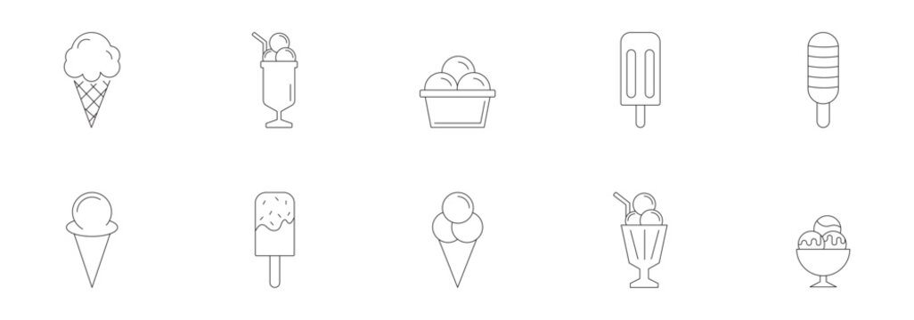 Frozen dessert icon set, black and white line art of ice cream, popsicles, sundaes, cupcakes, vector illustration.