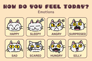 Fototapeta premium Cute cat emotions chart for kids education, hand drawn vector set of 8 feelings