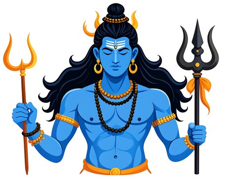Blue deity with coiled hair, third eye, and trident