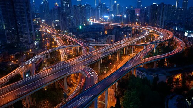 Shanghai interchange overpass and elevated road at nightfall, glowing city lights, wide urban view