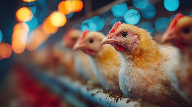 Young chickens in a poultry farm with colorful bokeh lights