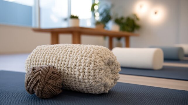 Yoga studio interior with meditation props and natural light