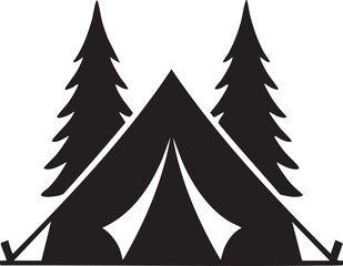 Obraz premium Camping, tent, pine trees, outdoor adventure, black silhouette, vector icon