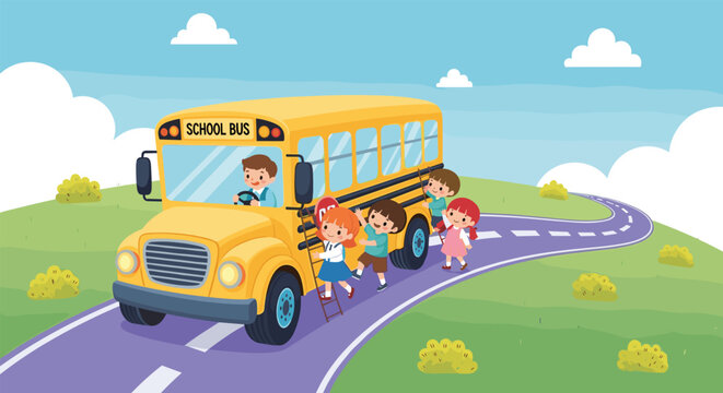 Cartoon School Bus Illustration with Happy Children Boarding for Back-to-School Day and Fun Transportation