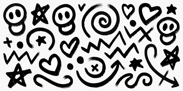chaotic collection of hand drawn black and white doodles hearts stars and abstract shapes
