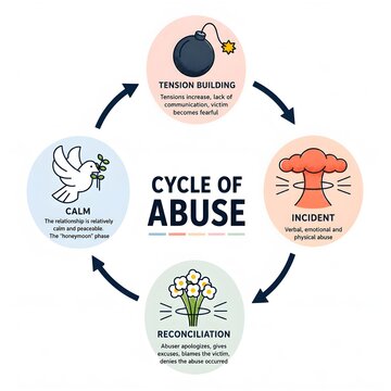 Cycle of Abuse Infographic Illustration with Four Stages: Tension Building, Incident, Reconciliation, and Calm.