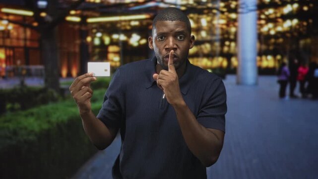 Young black man holds creditcard between thumb and forefinger and places finger to lips for silence on a street near building lights; secrecy trust.