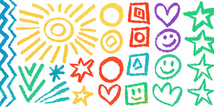 colorful childlike drawings of suns hearts stars and smiley faces hand drawn style high quality