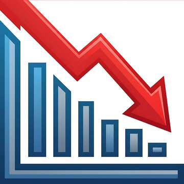 Descending bar chart icon with red downward arrow, financial loss, economic crisis, market crash, business decline, failure