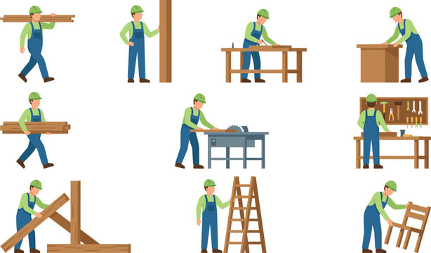 Carpentry and Construction Worker Set with Woodworking, Building, and Furniture Making for Trade and Work Illustrations